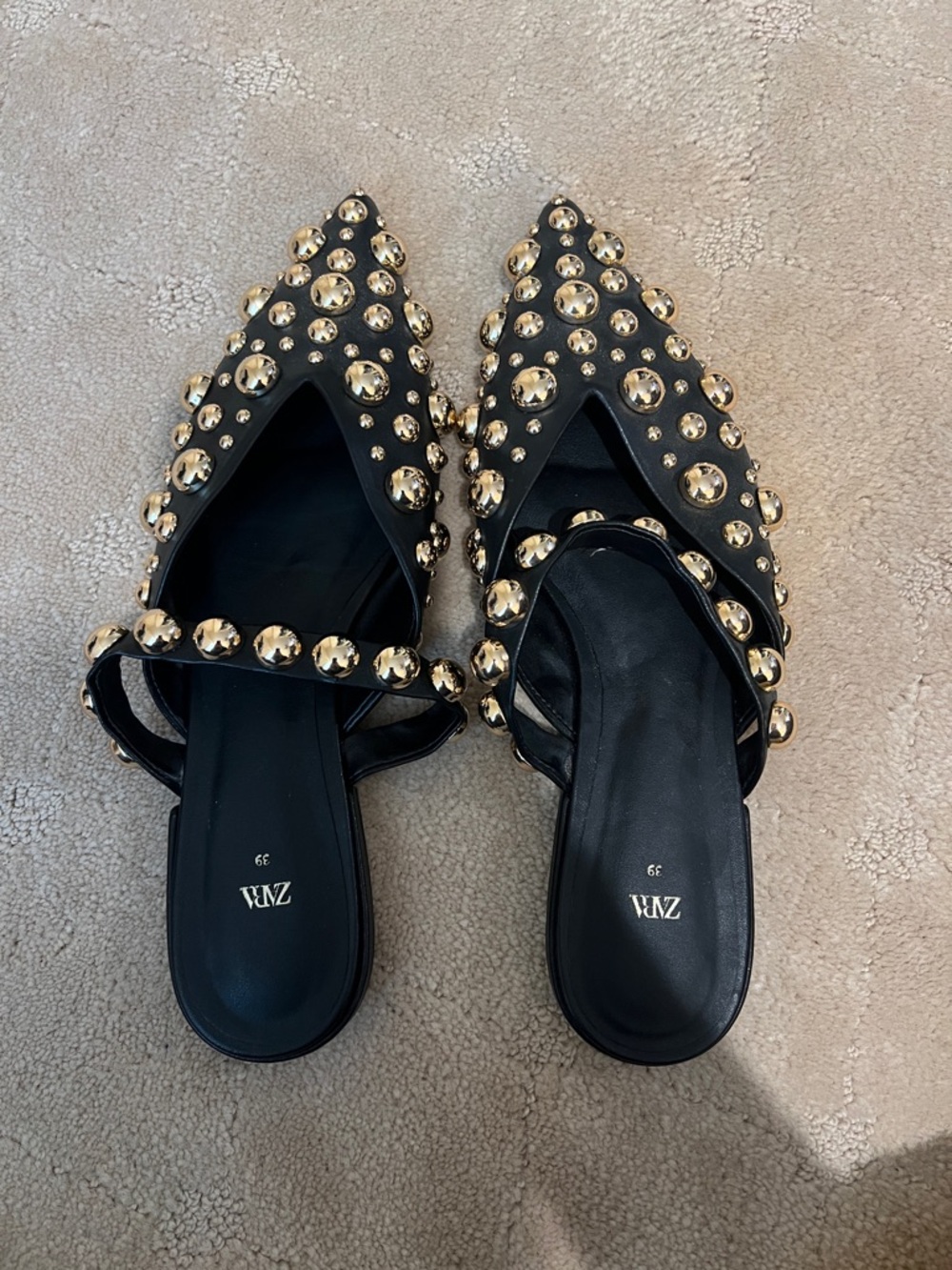 Zara Black Pointed-Toe Slip-On Mules with Gold Studs